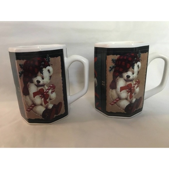 Vintage Giftco Tartan Christmas Teddy Bear Octagon Coffee Cup/Mug Set of 2 - Picture 6 of 8